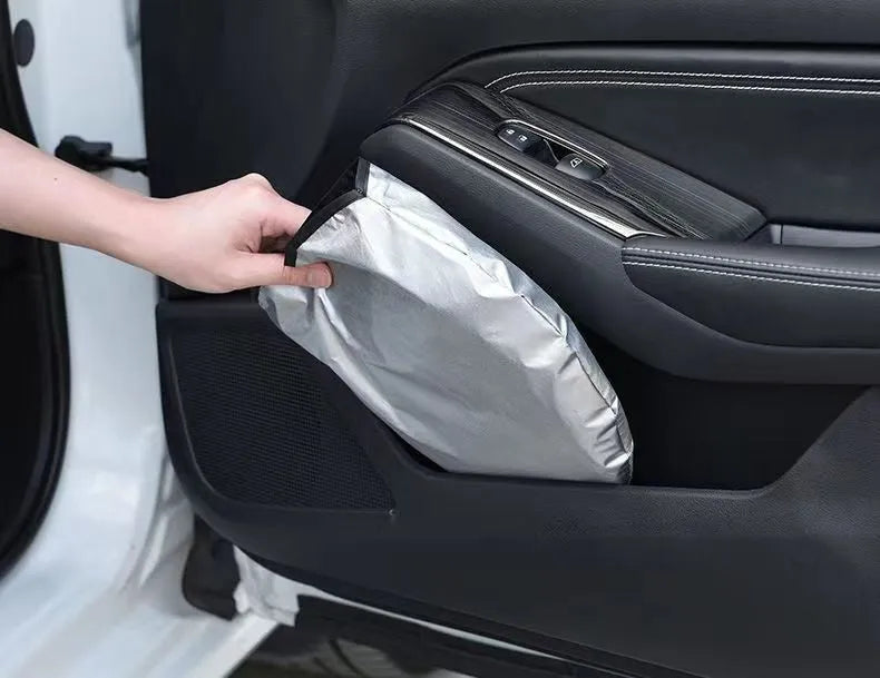 Aluminium foil car sunshade in titanium silver, shown in a rectangular shape for windscreen coverage.