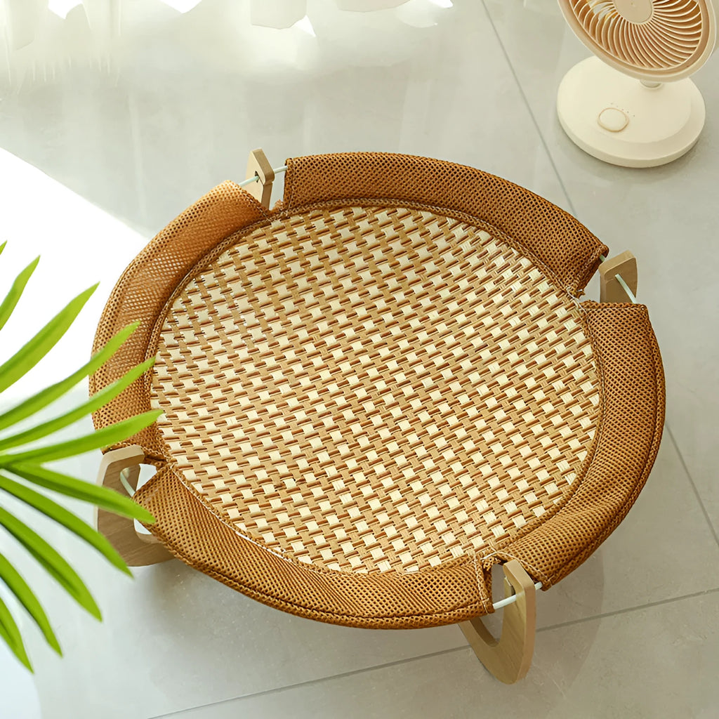 Natural brown woven rattan pet bed hammock measuring 46cm for cats and dogs