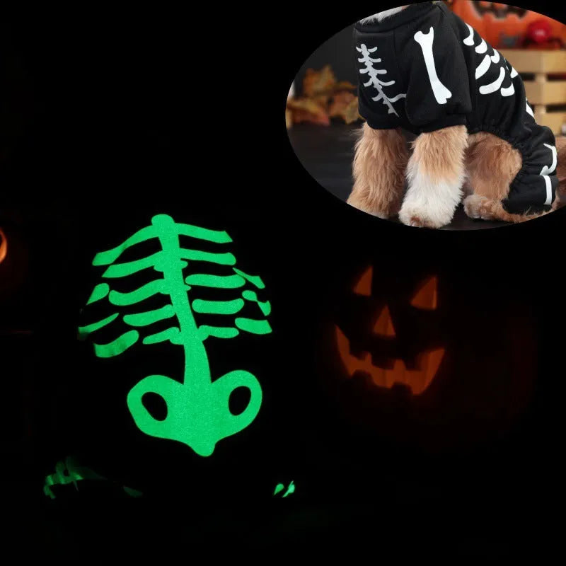 Halloween pet costume with luminous skull bones design on a four-legged polyester outfit for dogs or cats.