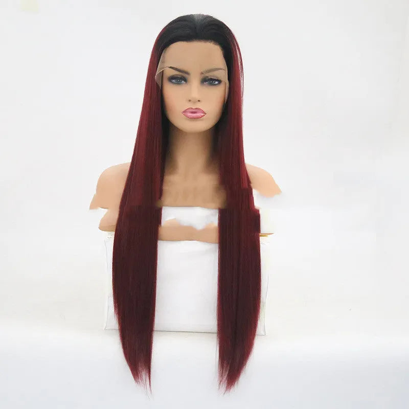Burgundy trellis long straight chemical fiber headgear in wine red on a stand