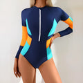 Dark blue and purplish blue long sleeve high-elasticity one-piece swimsuit with cross-border stitching colour block design