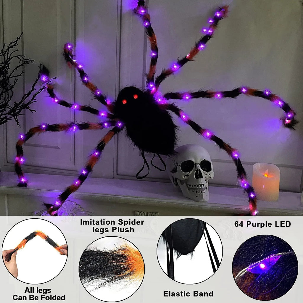 Orange Halloween spider backpack with glowing LED lights on a model, showing plush fabric.