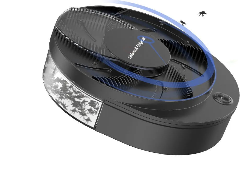 Black and white electric fly trap machine with a removable cage and enlarged bait trough, shown in plug-in and USB-rechargeable styles.