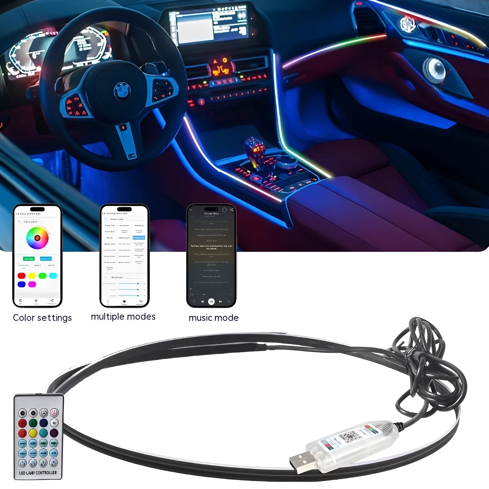 Car interior ambient lighting strip with remote control and USB connection for vehicle installation