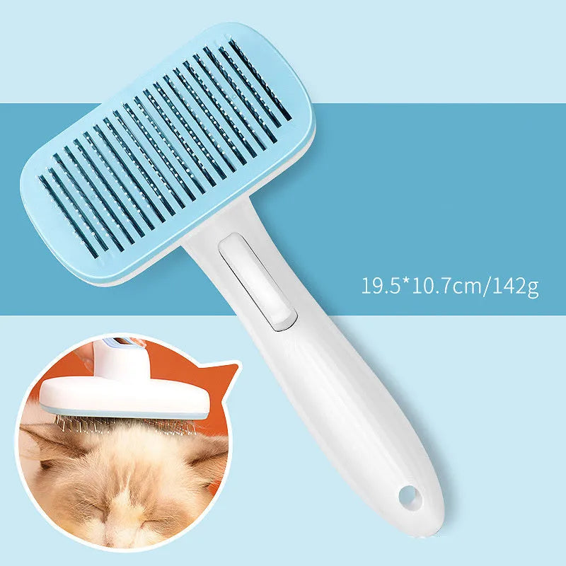 Automatic pet grooming comb with four interchangeable heads in blue, grey, green, or pink colours.