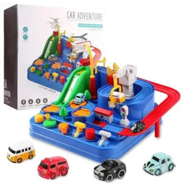 Plastic toy car track with handle remote control and colourful trolley vehicles on parking lot rails