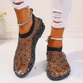 Women's mesh flat sandals with colourful rhinestone design and rubber soles
