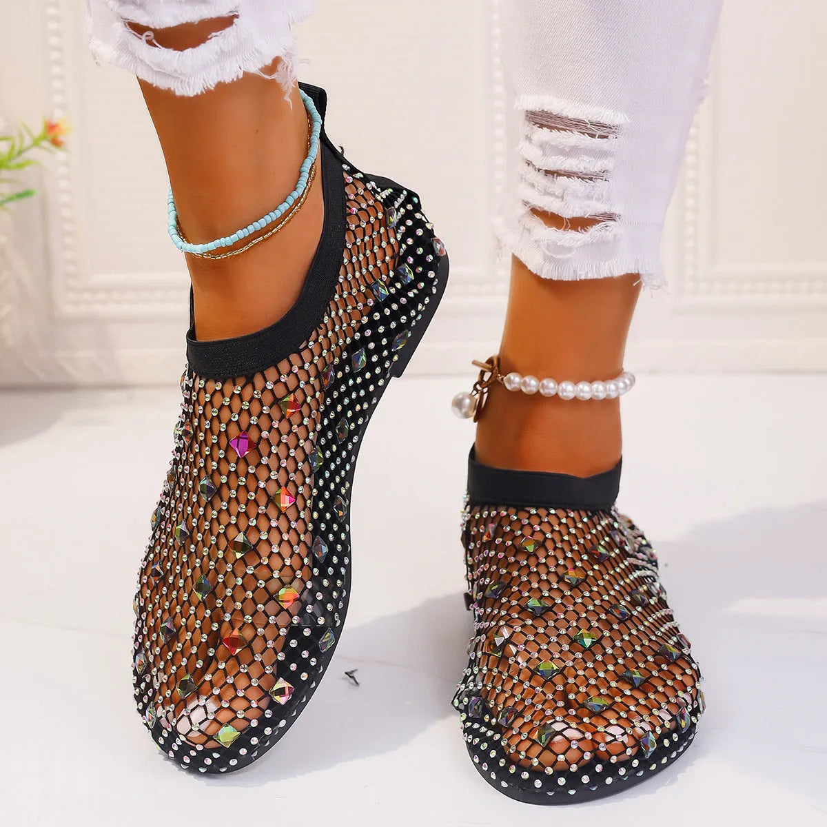 Women's mesh flat sandals with colourful rhinestone design and rubber soles