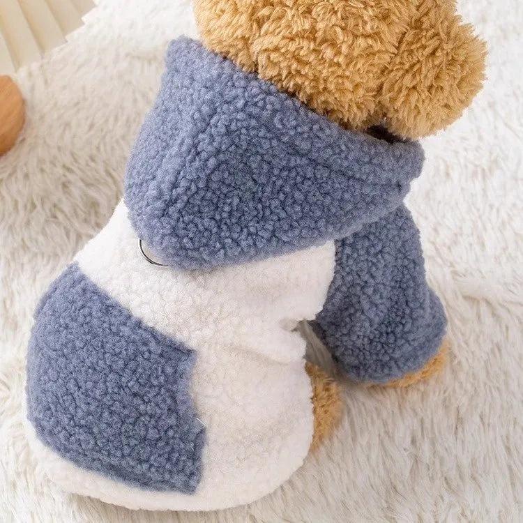 A blue hooded dog coat with thick cotton padding, shown on a model.