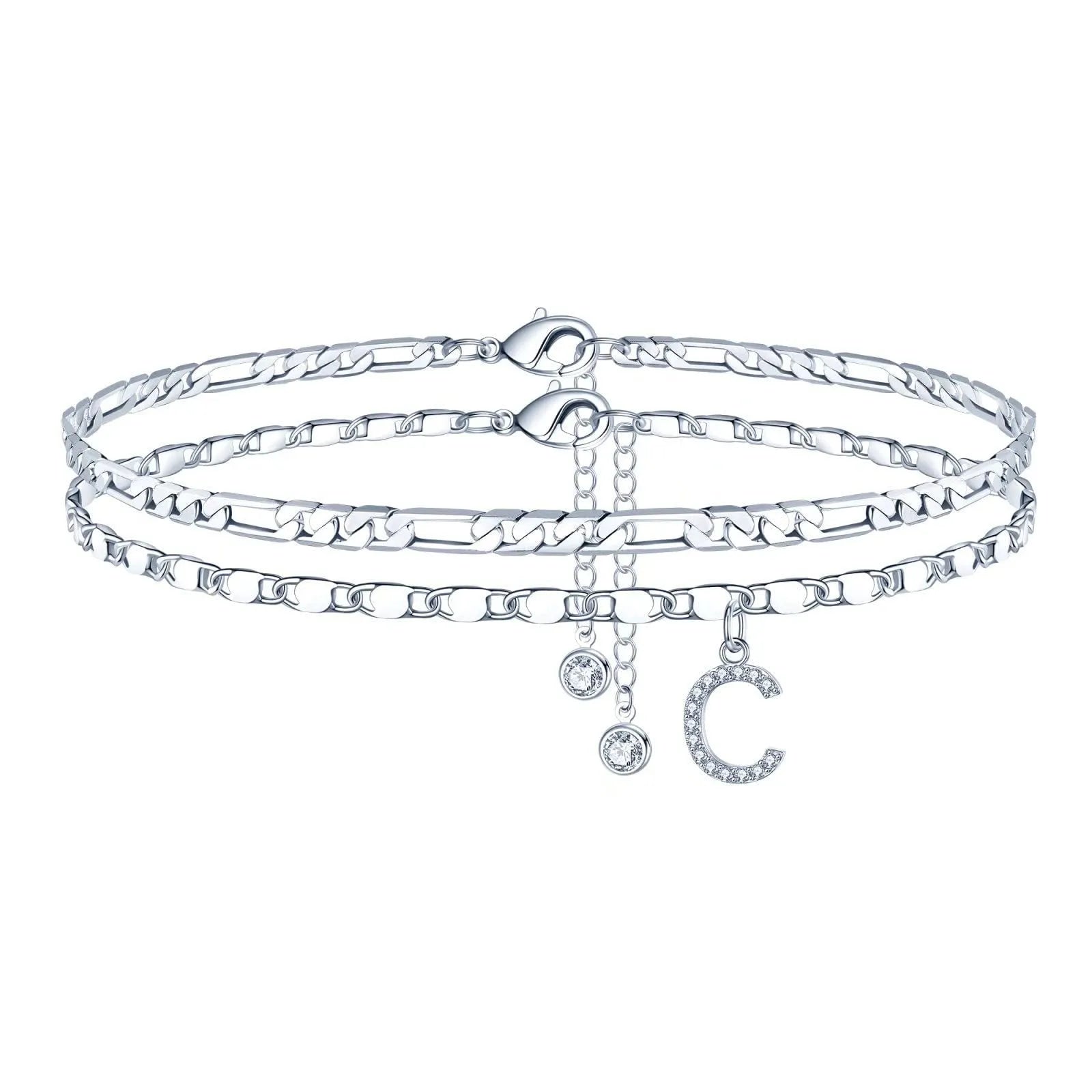 Silver-coloured copper anklet with a double-circle bead engraved with a letter.