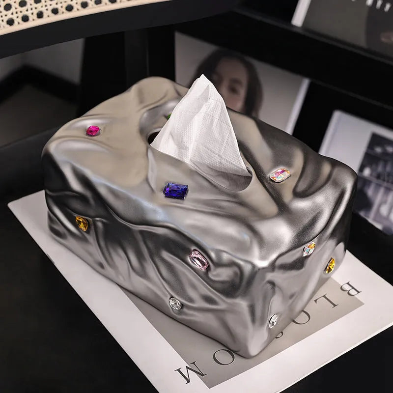 Ceramic tissue box holder in light luxury gem party style, shown in matte coconut milk white and silver electroplated finishes.