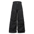 Black multi-pocket pleated work trousers made from non-stretch denim fabric on a mid waist.