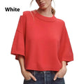 Red cropped t-shirt with exposed navel design and short sleeves on mannequin