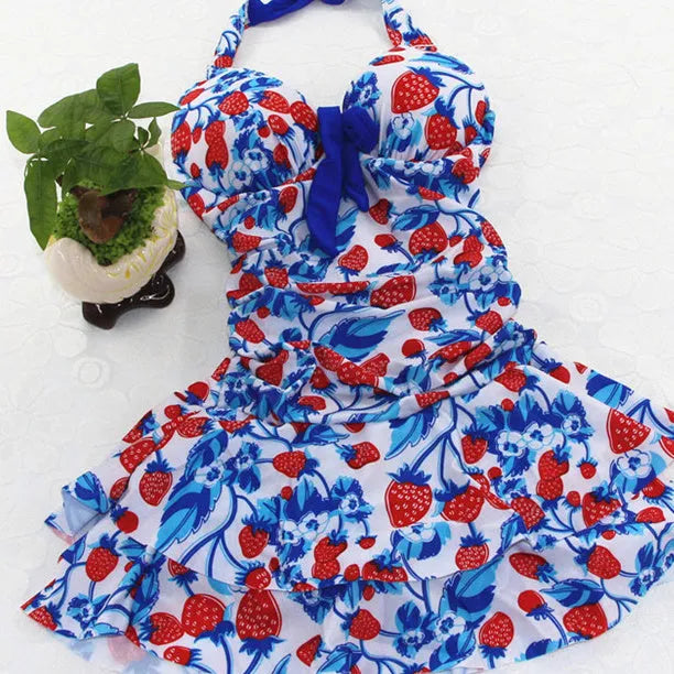 Blue strawberry print women's backless one-piece swimsuit with cross straps and push-up cups