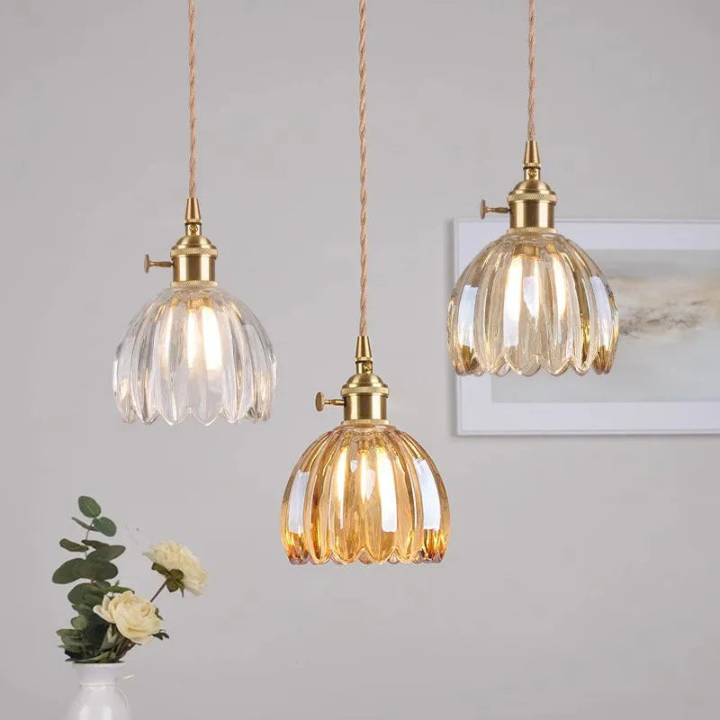 Vintage nordic style bedroom chandelier with glass flower shades in amber, green, grey, white, or transparent.