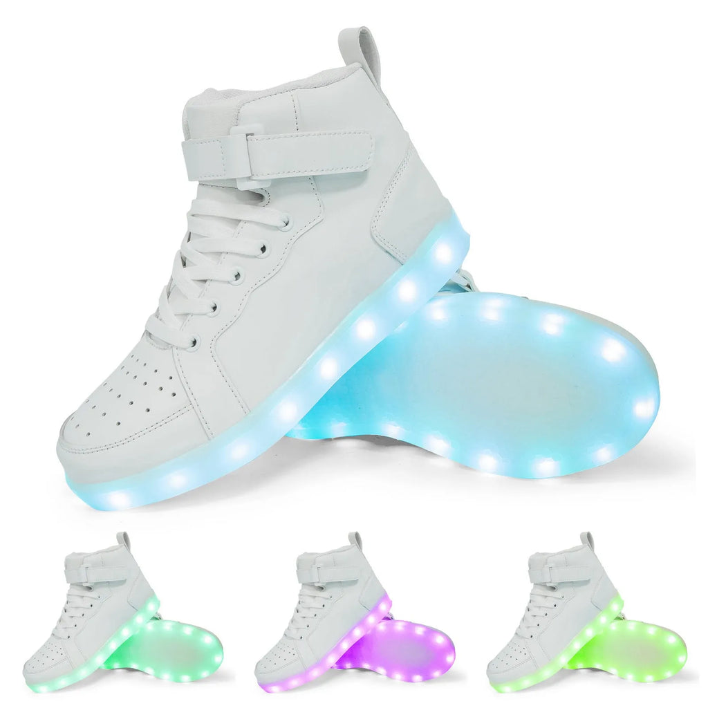 LED high-top board shoes with illuminated lights and Velcro fastening in multiple colour options