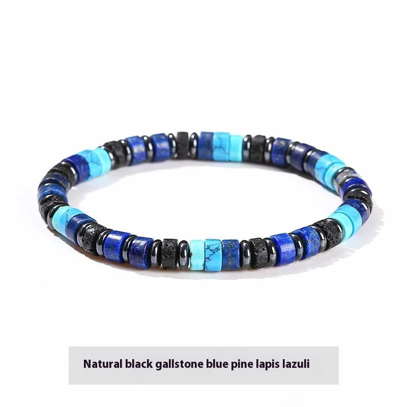 Unisex haematite bracelet with 6mm geometric spacer beads and blue pine lapis lazuli interval stones.