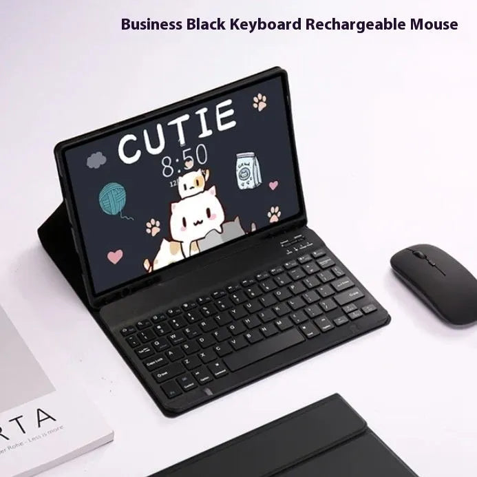 Samsung Galaxy tablet inside a black leather-style TPU case with a Bluetooth keyboard and charging mouse.