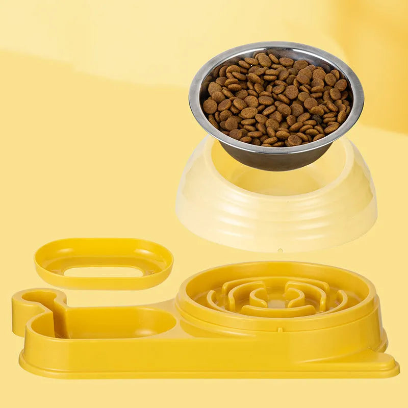 Raised cat feeder bowl with attached water bottle dispenser in green colour