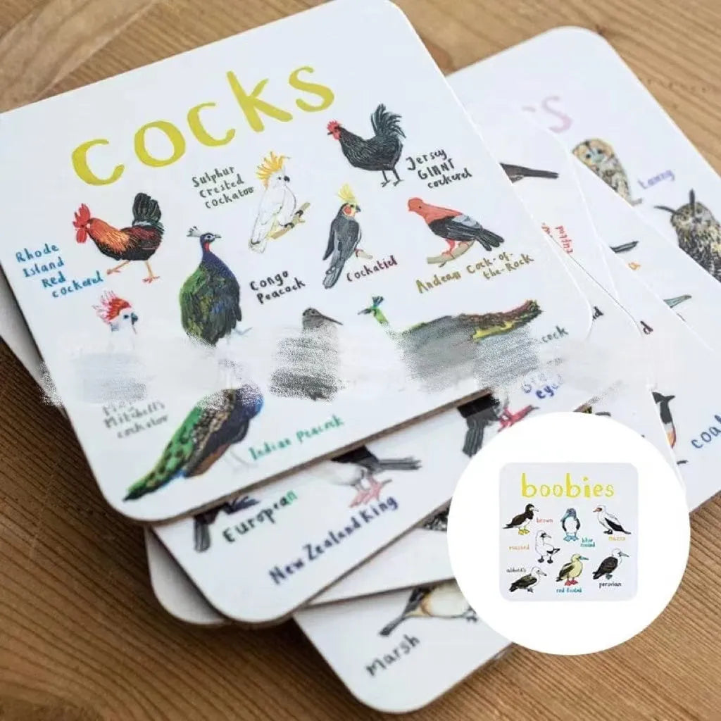 Set of six square PVC bird pun coasters with different bird chart designs on a table