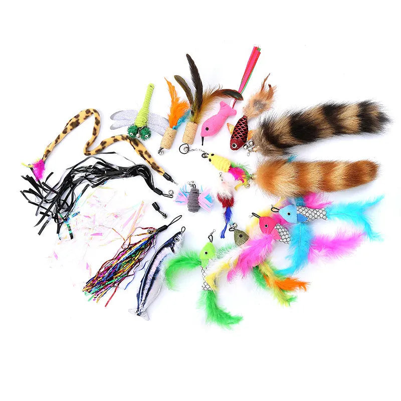 Cat teasing pole set with extendable fishing rod wand and feather attachments