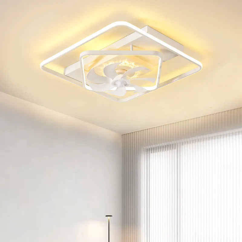 Modern ceiling fan light with plastic blades and acrylic lampshade showing thin suction mounting profile