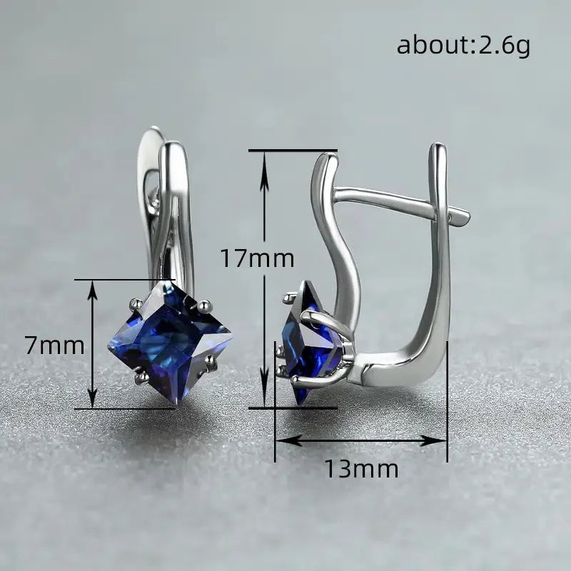 Pair of women's copper earrings with diamond design and inlaid zircon stones in blue, green, or natural colour options.