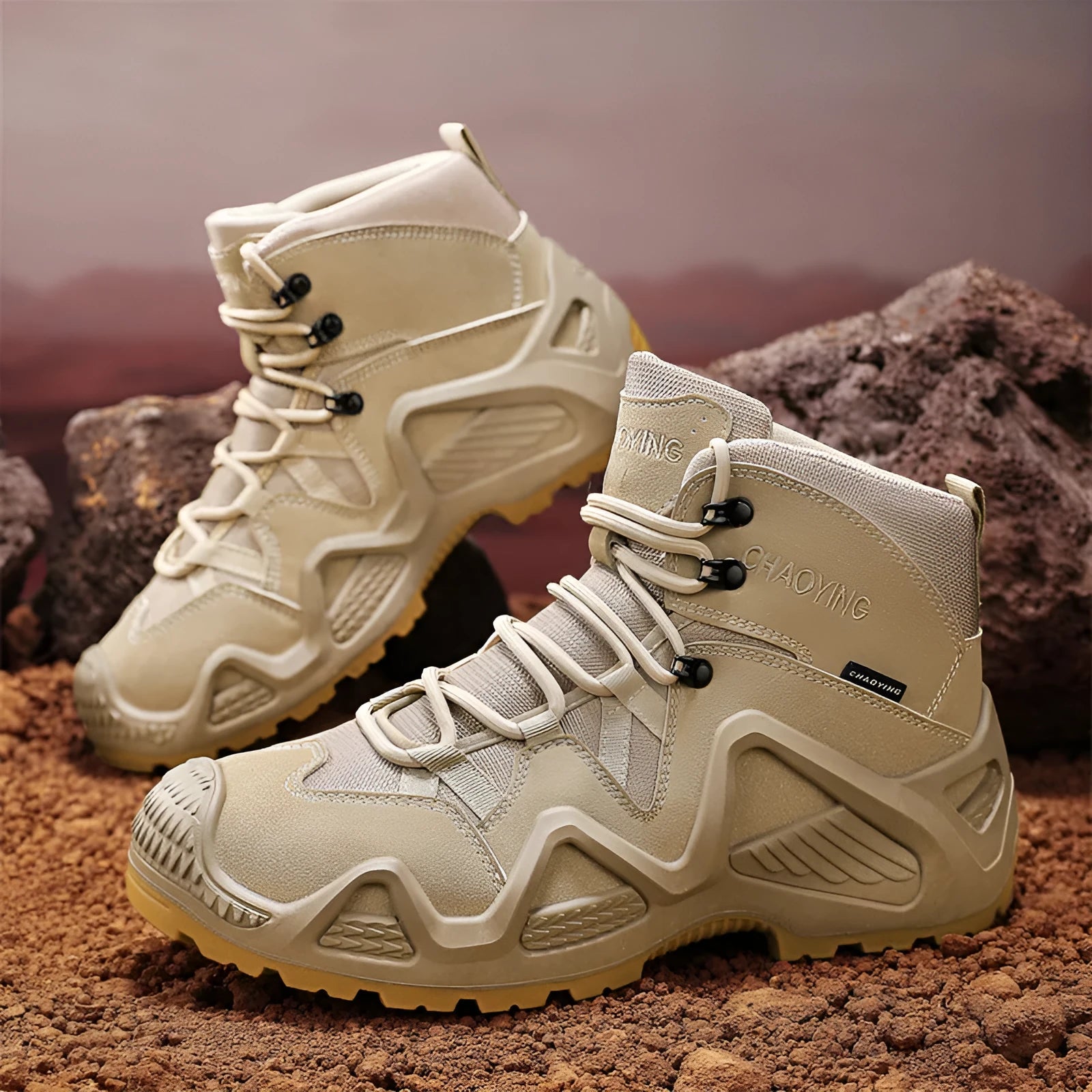 Black canvas high-top tactical boot with rubber sole and cross strap detail on a white background.