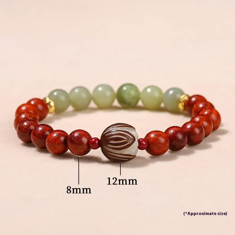 Red rosewood and grey jade Bodhi Lotus bracelet with geometric round beads.