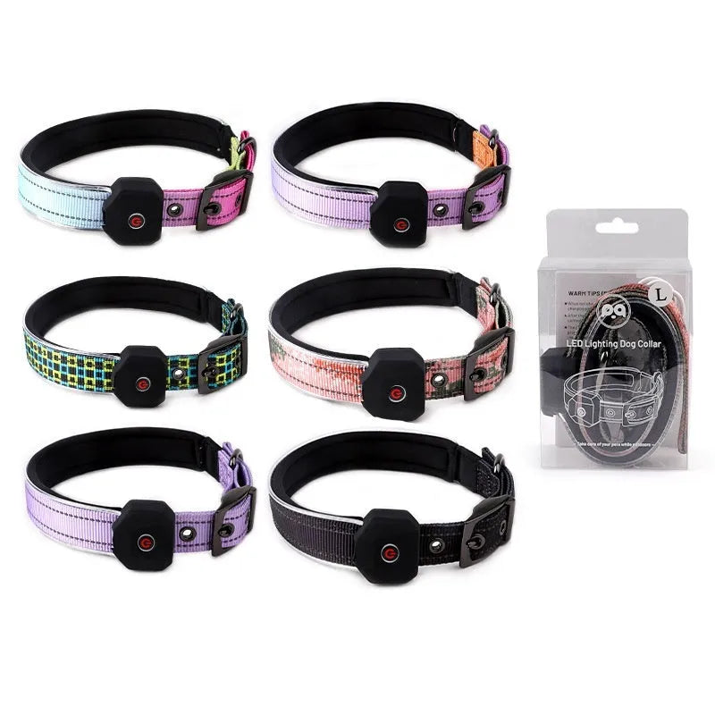 Blue and green plaid LED luminous dog collar with USB charging and reflective strip