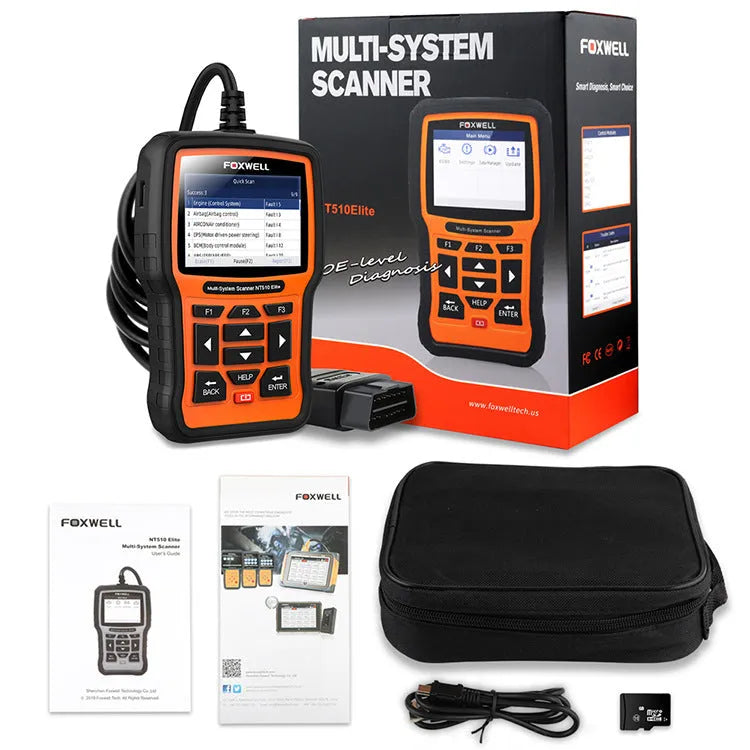 Foxwell NT510 orange and black automotive OBD2 diagnostic scanner with screen and cable.