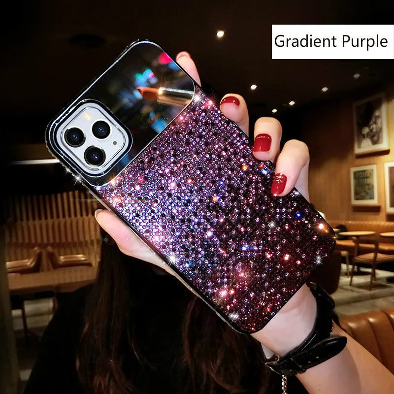 Gradual rhinestone silicone protective case for iPhone in gradient blue colour with sparkle pattern