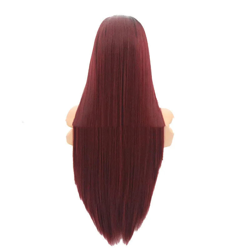 Burgundy trellis long straight chemical fiber headgear in wine red on a stand