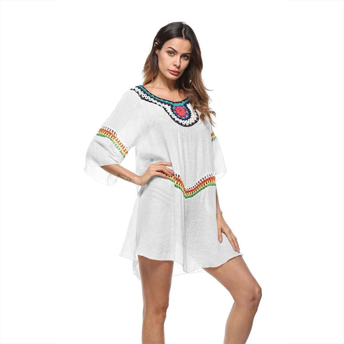 Women's crocheted ethnic style sun protection clothing cover-up on a beach