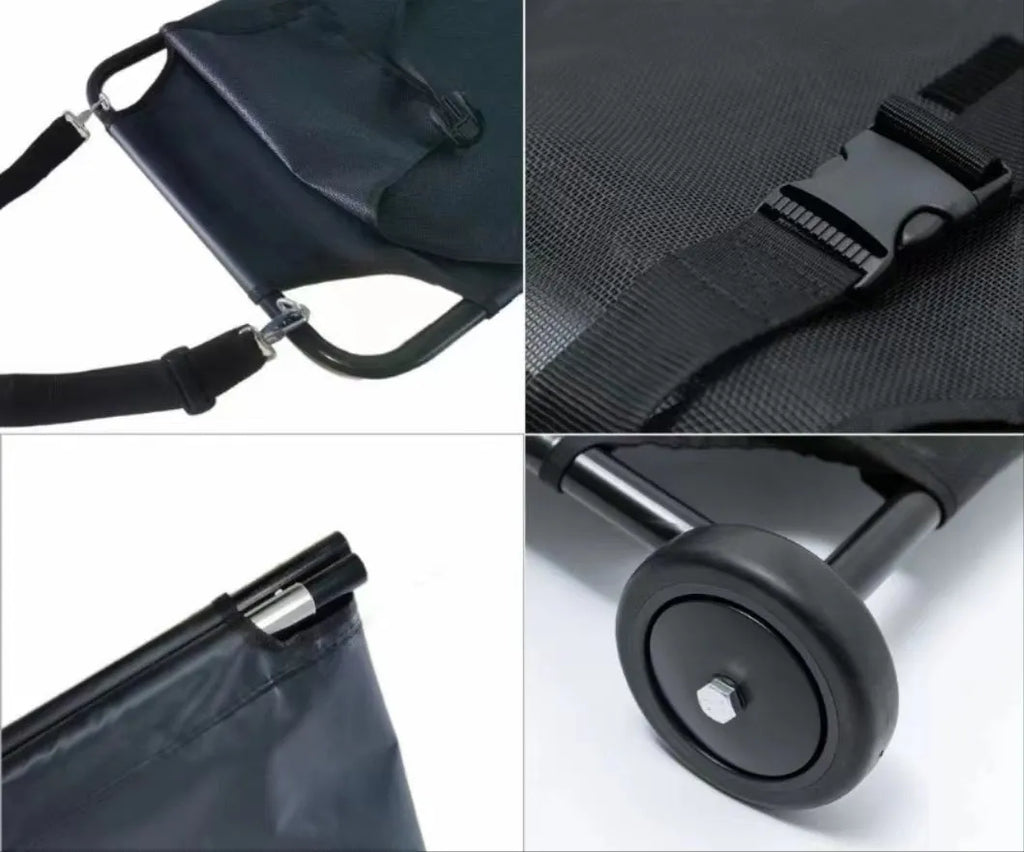 Black aluminium alloy folding pet stretcher for large dog emergency transport.