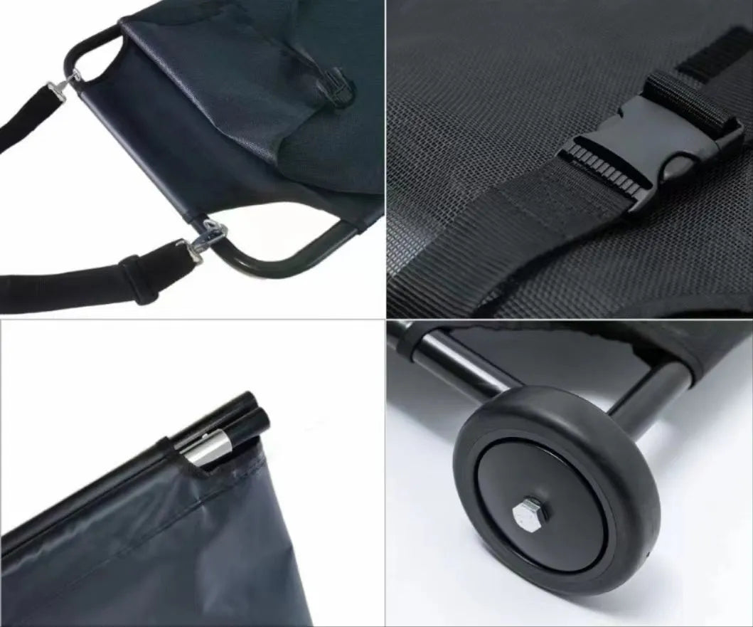 Black aluminium alloy folding pet stretcher for large dog emergency transport.