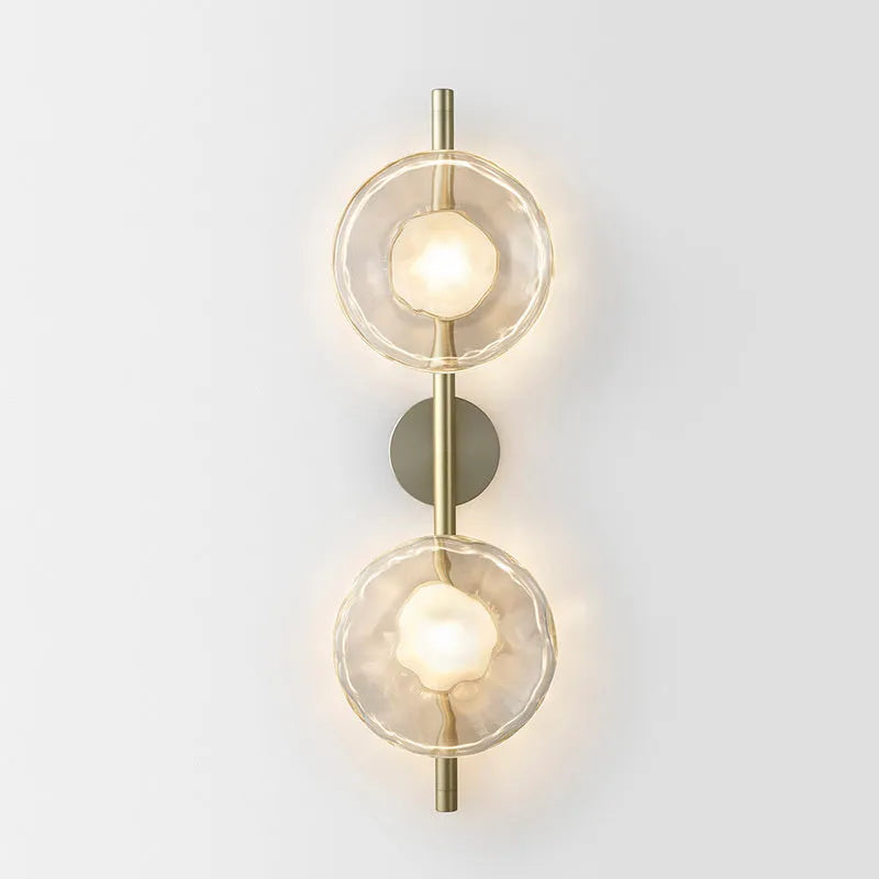 Bedside hotel glass art wall lamp with transparent frosted shade and iron frame