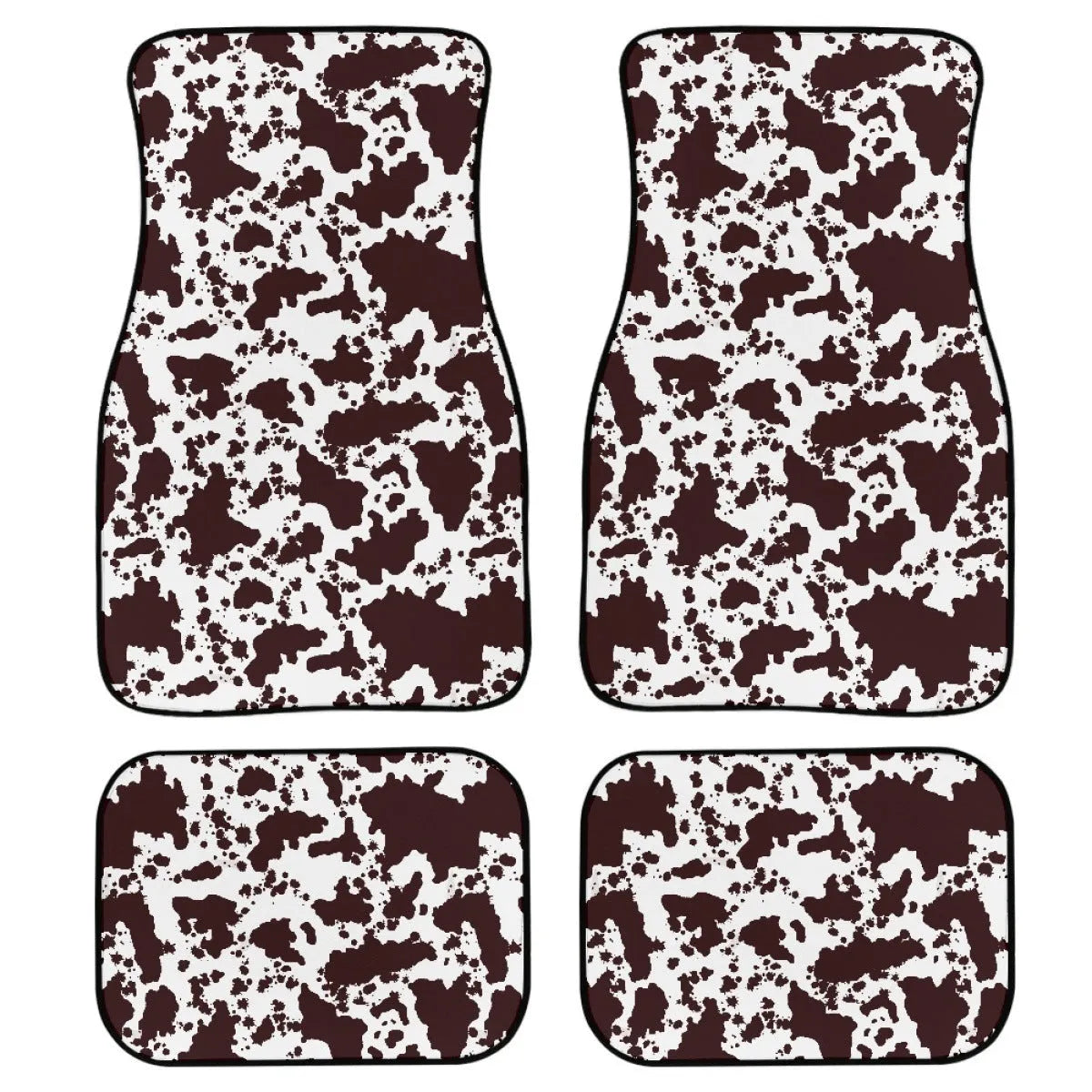 Set of four black printed rubber car floor mats with textured surface, showing thickness.