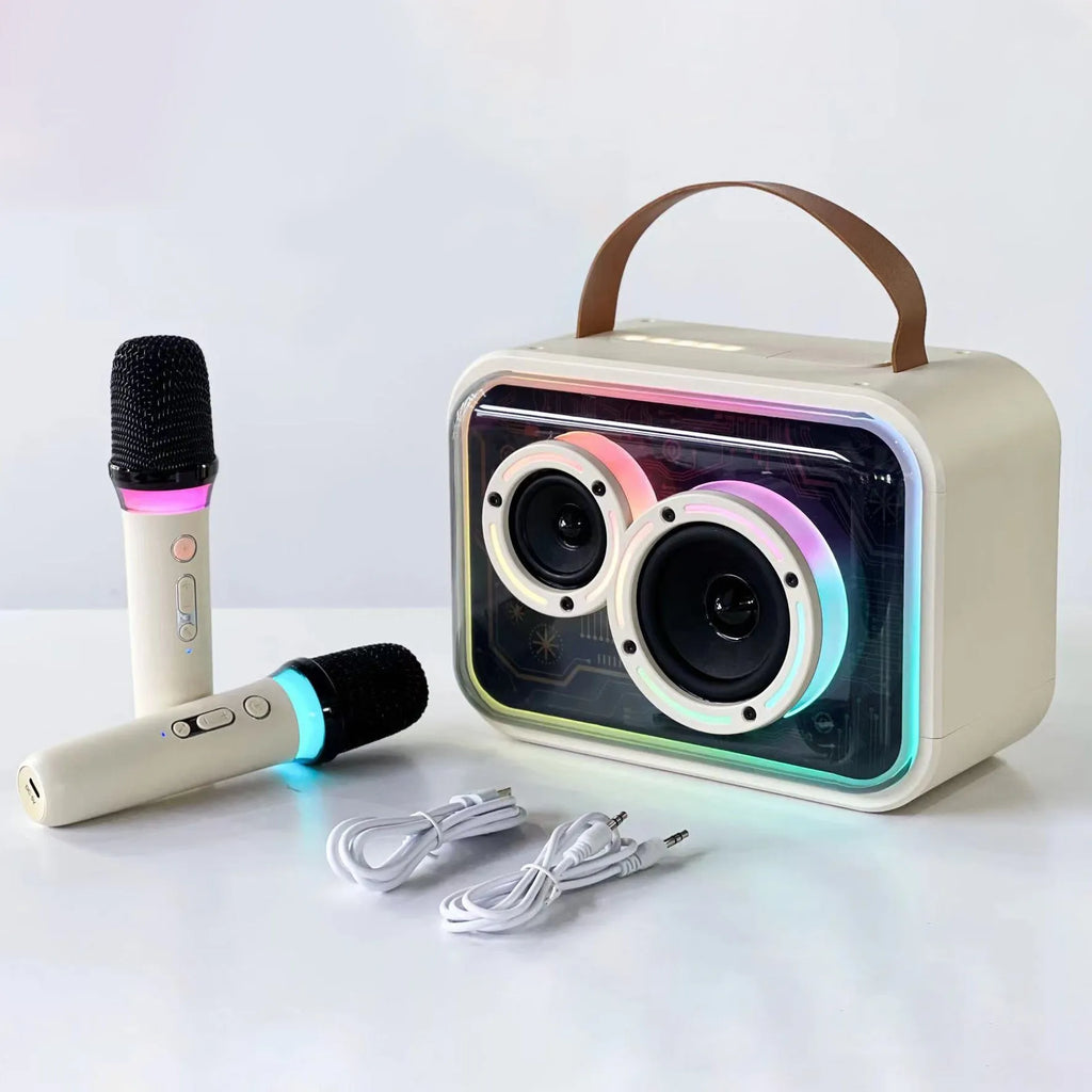 Light yellow portable Bluetooth karaoke speaker with RGB lighting and microphone