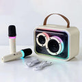 Light yellow portable Bluetooth karaoke speaker with RGB lighting and microphone