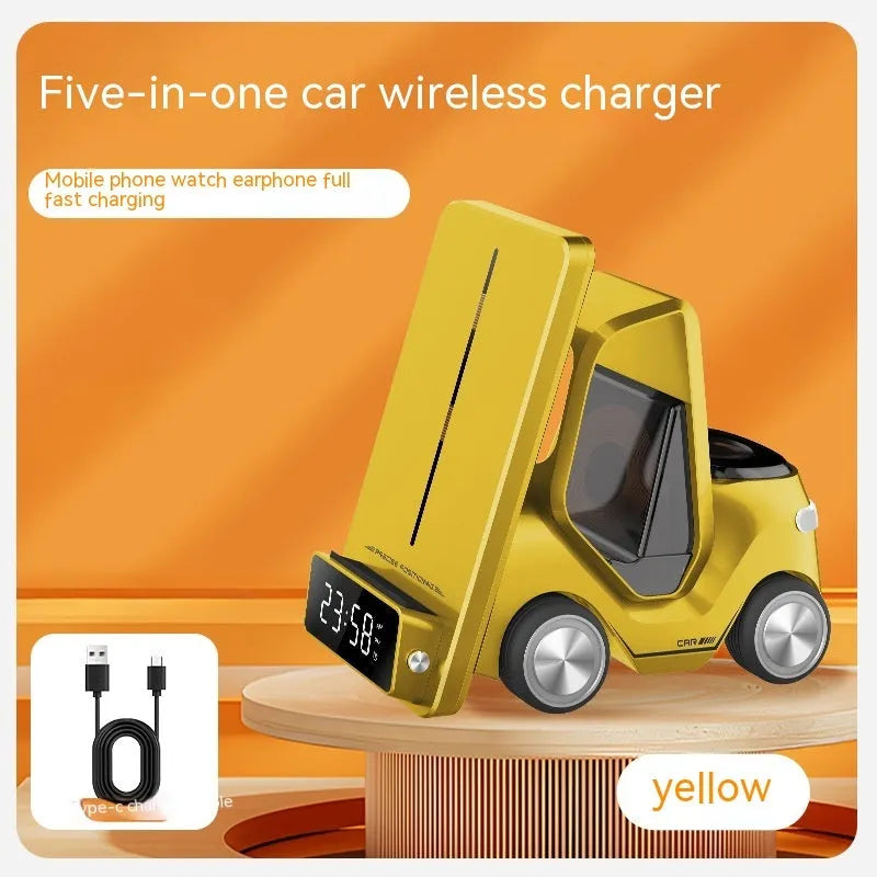 Grey 15W three-in-one wireless fast charging stand for phones on a desk