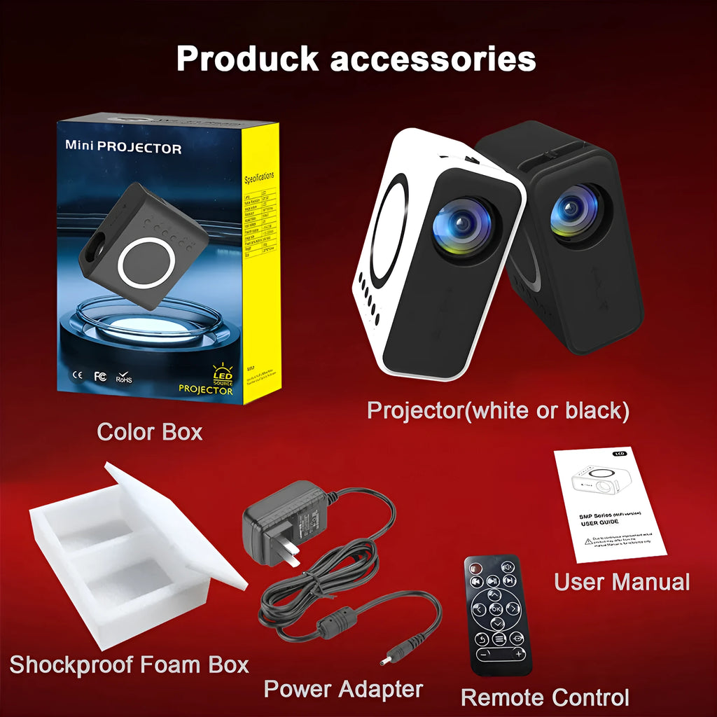 YT300 portable mini projector in black or white with remote control and compact design
