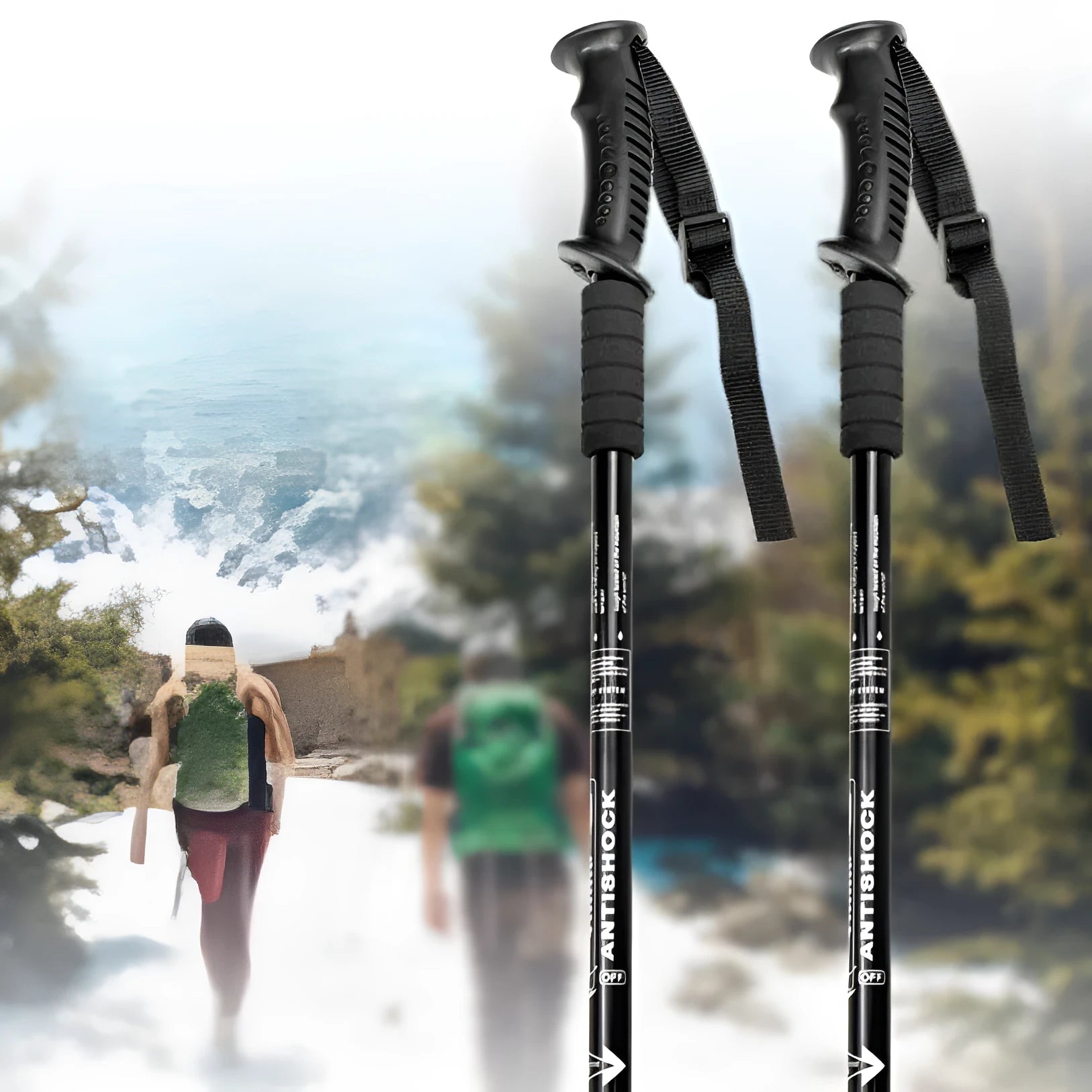 Adjustable aluminium alloy trekking poles with three straight handles and complete accessory set including foot covers and snow holders