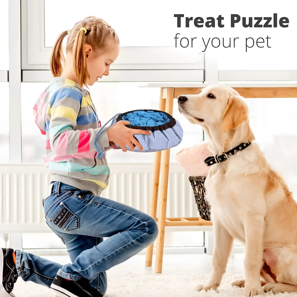 Blue adjustable snuffle mat for dogs used as a puzzle feeding toy for large and small breeds.