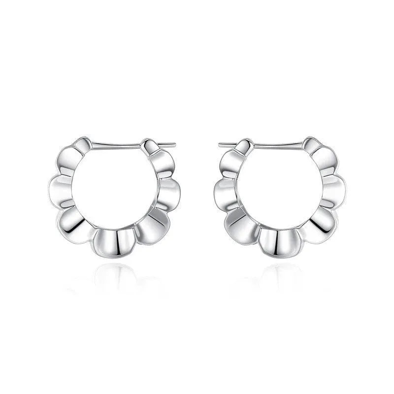 Pair of sterling silver geometric hoop earrings with round elements and electroplated finish