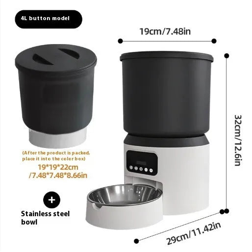 4L smart pet feeder with video camera and choice of stainless steel or plastic bowl on a kitchen floor