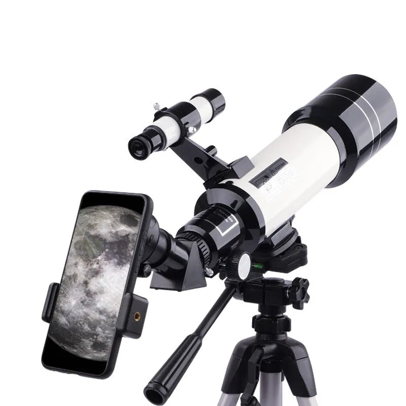 Dark blue children's astronomical telescope with monocular eyepiece on a tripod.
