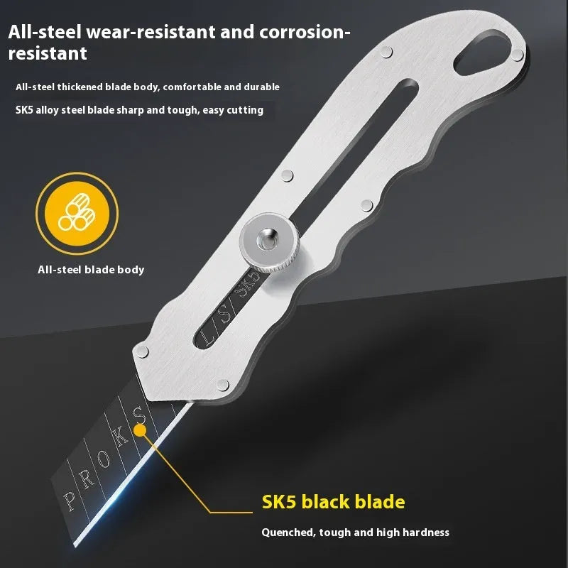 Stainless steel folding art knife with black blade and trapezoidal cutting blades