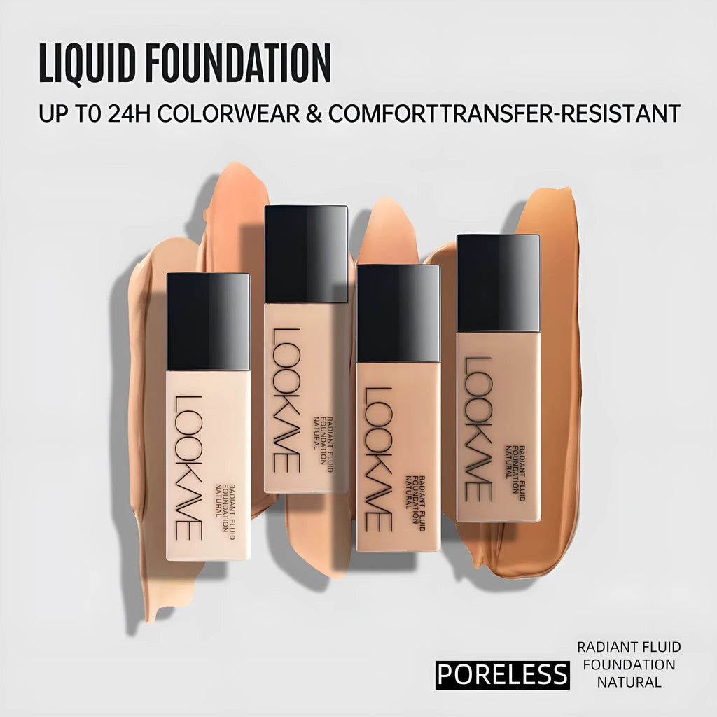 LOOKAVE matte liquid foundation bottle showing six shade options including ivory white
