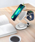 White plastic three-in-one magnetic wireless charger with indication function and USB interface